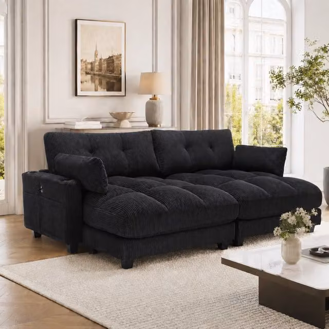 Divano 2 posti ¨C Minimal ¨C colore nero, tessuto corda, con cuscini, braccioli con porte USB