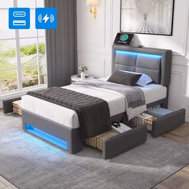 Letto imbottito moderno KOMHTOM in ecopelle grigia con cassetti, porta USB e illuminazione sottostante, L/P/H: 90 x 200 cm