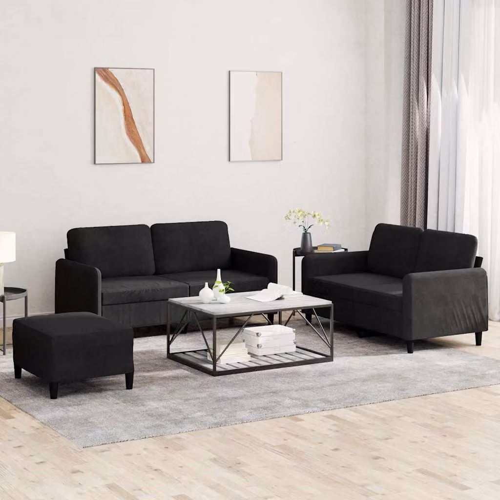 Set di divani 3 pezzi vidaXL in velluto nero per soggiorno con cuscini inclusi – 1