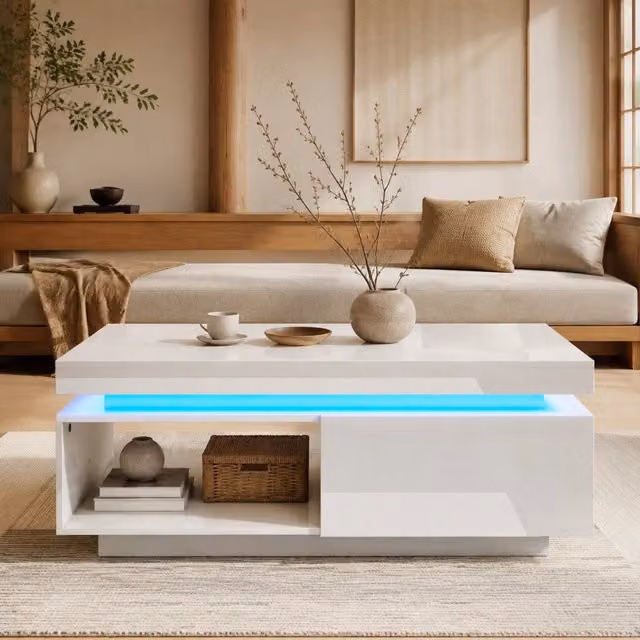 Tavolino da salotto moderno MODFU bianco lucido con cassetto L: 100 cm, P: 50 cm, H: 40,3 cm