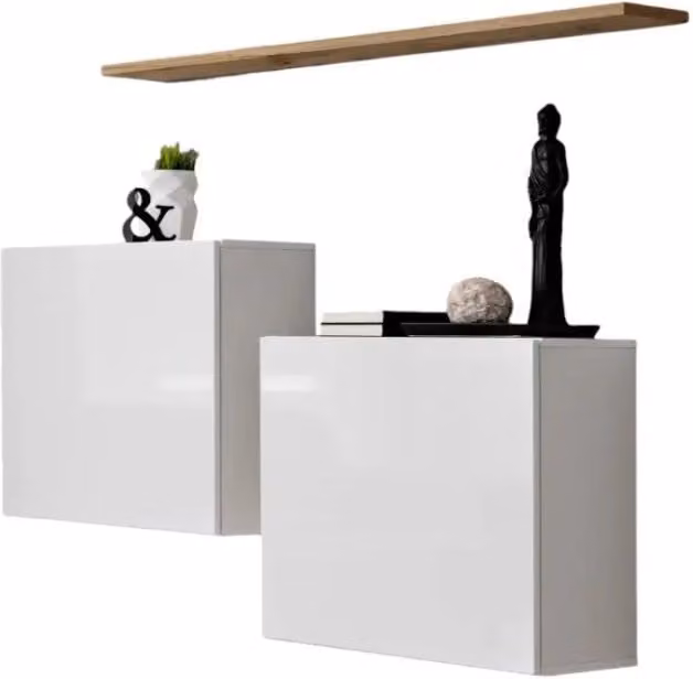 Composizione murale SWITCH SBI – Cubi sospesi e mensola – Bianco lucido e rovere Wotan – Design moderno