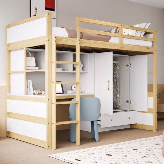 Letto a soppalco singolo 90 × 200 cm con scrivania, armadio, cassetti e ripiani, senza materasso, legno naturale