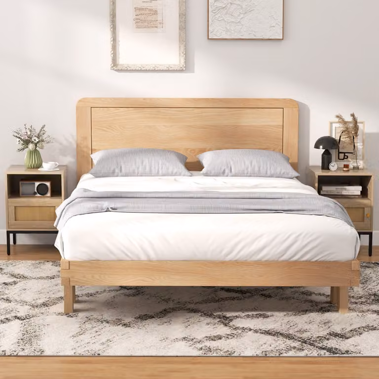 Set di 2 comodini Costway in stile bohemien con ripiano aperto e armadietto in rattan, colore naturale beige e marrone