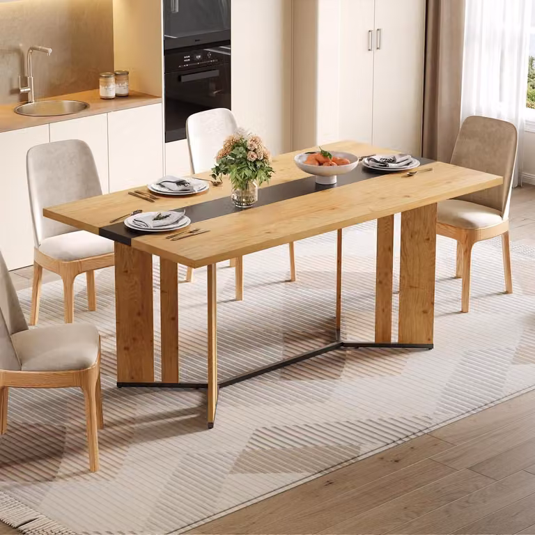 Tavolo da pranzo in legno, stile scandinavo, finitura effetto legno di quercia, 150 cm, colore marrone, piano del tavolo in legno, gambe in metallo