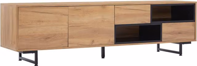 Mobile TV moderno con ripiani a scala e spazi di archiviazione, L: 173 cm, P: 38 cm, H: 48 cm, Colore beige e marrone naturale