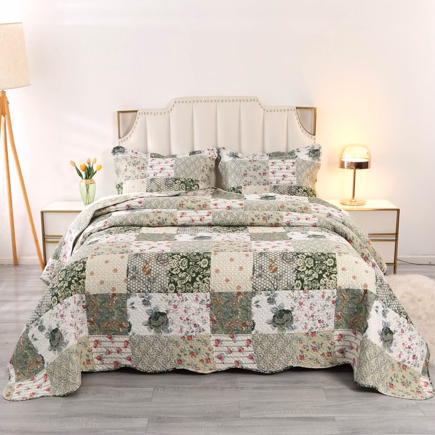 Omgoods - Copripiumino patchwork floreale verde, taglia king, 230 x 260 cm, con 2 federe