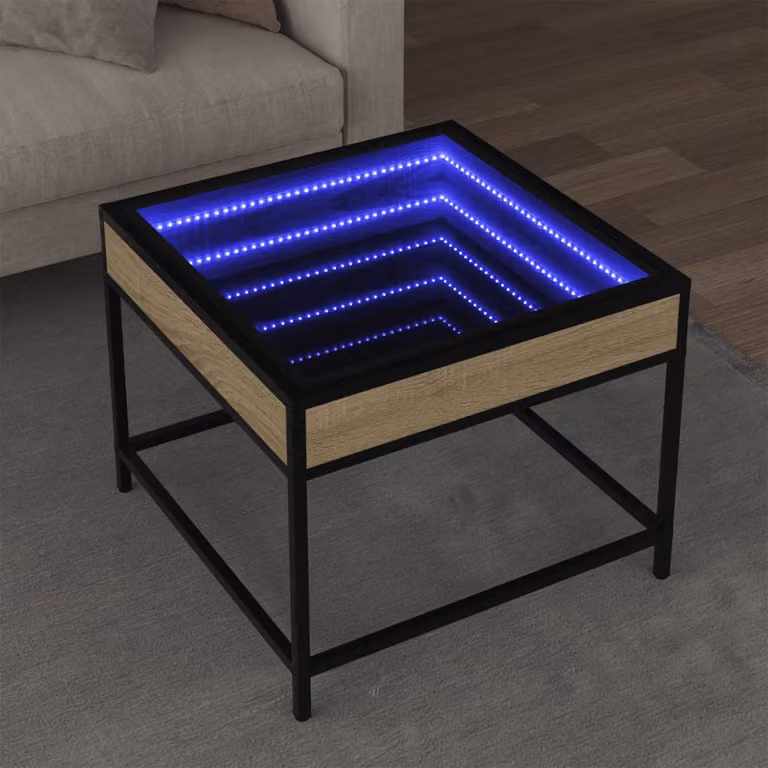 vidaXL Tavolino da Salotto Moderno con LED in Rovere e Vetro, L/P/H: 50 x 50 x 41 cm
