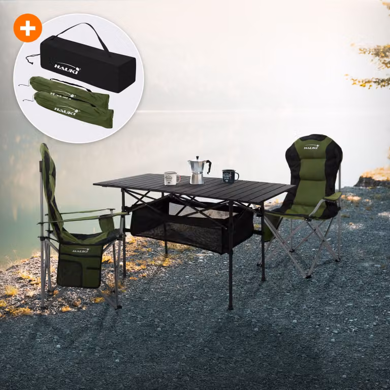 Set di mobili da campeggio Hauki 3 pezzi, tavolo pieghevole nero con 2 sedie da campeggio kaki, inclusa borsa di trasporto