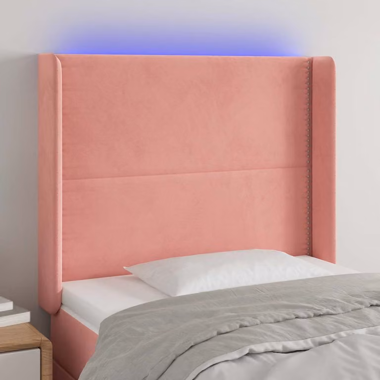 Testiera per letto vidaXL in velluto rosa con illuminazione LED e porta di ricarica USB, L: 83 cm, P: 16 cm, H: 118/128 cm