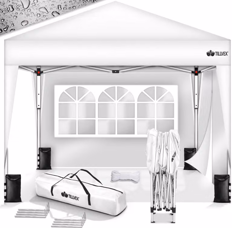 gazebo tillvex 3x3m bianco impermeabile con 2 pannelli laterali + set di 4 sacchi di sabbia | gazebo pop-up pieghevole stabile e regolabile in altezza | tenda da giardino protezione UV 50+ | tenda da festa con borsa per giardino
