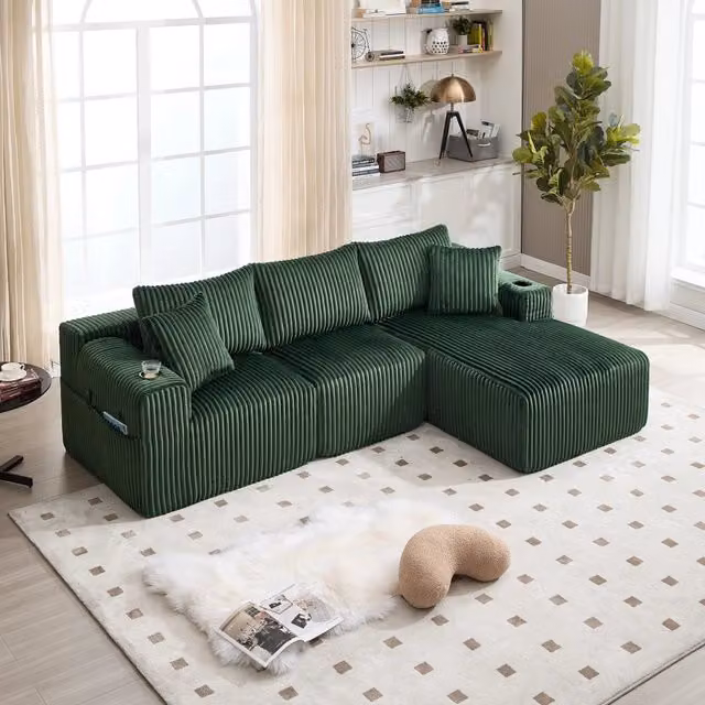 Divano Angolare Modulare con Chaise Longue 2 Posti ¨C MINIMAL ¨C Velluto a Coste, Cuscini, Portabicchieri