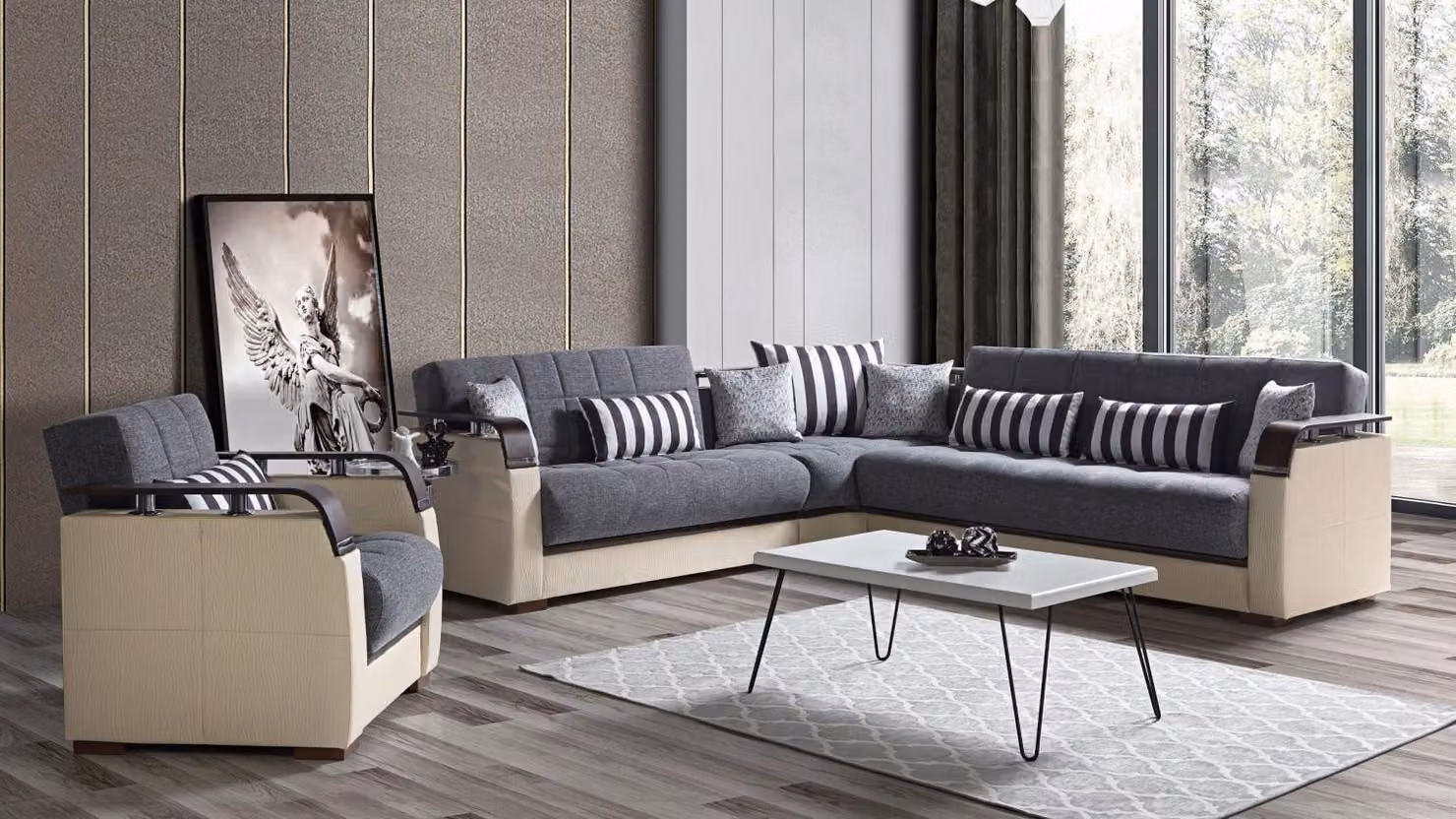 Ecksofa L-Form + Sessel Grau Komplett Wohnzimmer Set 2tlg. Luxus Möbel