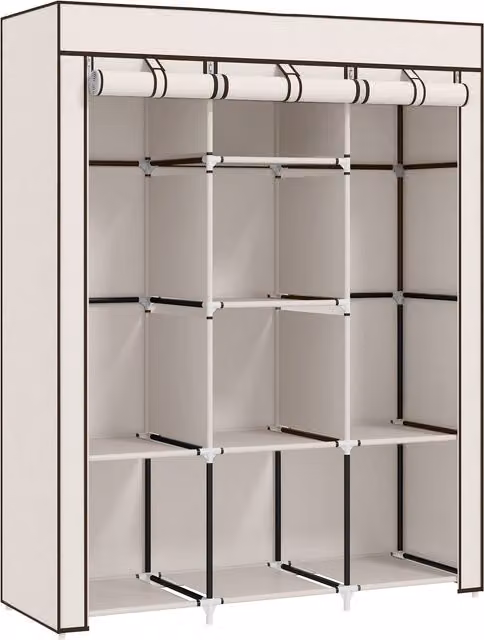 Armadio Salvaspazio HOMCOM con Base Rialzata, 8 Ripiani e 2 Barre in Acciaio e Tessuto non Tessuto, Colore Beige