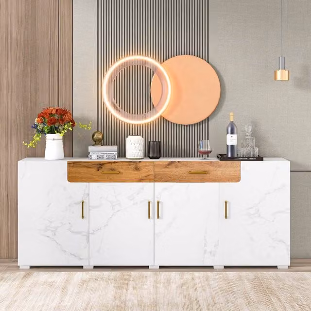 Credenza Aosom Bianca e Rovere con Design Moderno in Marmo, Mobile Basso per Cucina o Soggiorno con 4 Ante e 2 Cassetti, L: 208 cm, P: 39.5 cm, H: 80 cm
