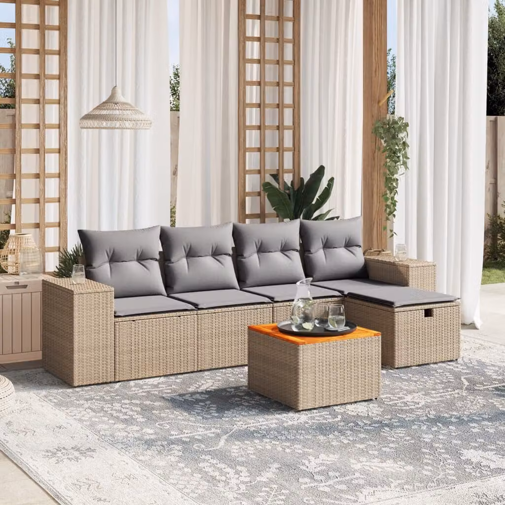 Set Divano da Giardino L-Shape vidaXL 6 pz con Cuscini Beige e Grigio in Polyrattan e Metallo – 1