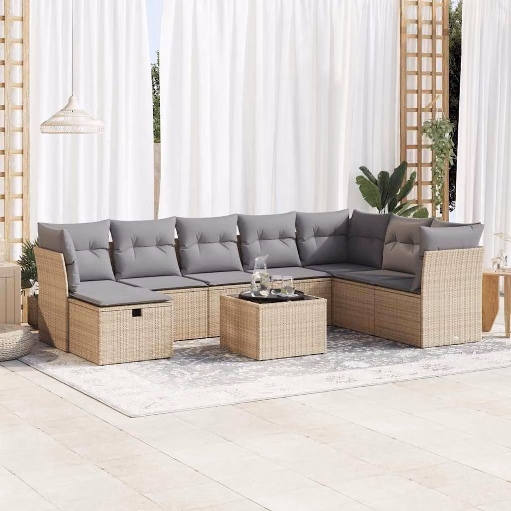 Set Divano da Giardino vidaXL 9 pz in Polyrattan Beige con Cuscini e Tavolino da Esterno