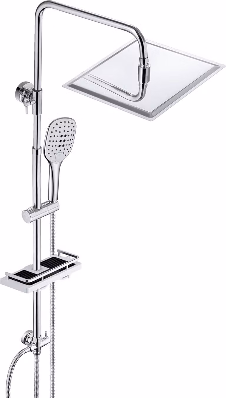 Sistema doccia a pioggia, con soffione per il corpo e per la testa, in acciaio inossidabile, dotato di un ripiano di 25x25 cm, per vasca da bagno