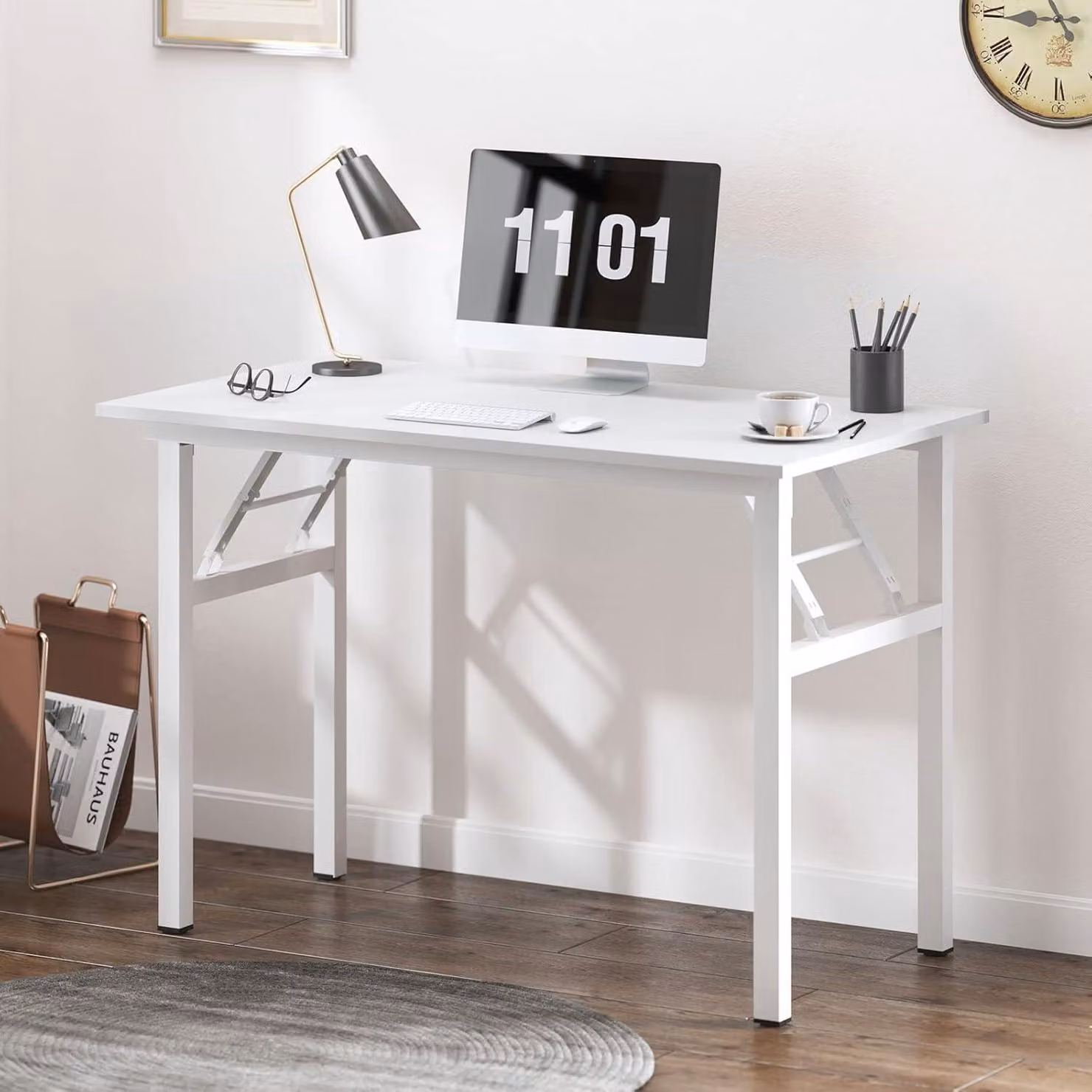 Tavolo pieghevole 100x60x75 cm in bianco, postazione PC per ufficio
