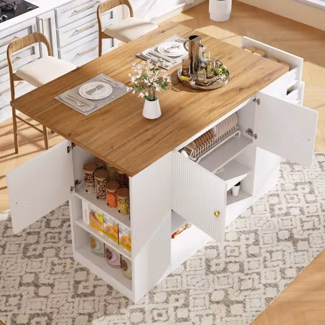 Isola cucina bianca con cassetti in MDF e metallo 140 x 40 x 90 cm con piano pieghevole
