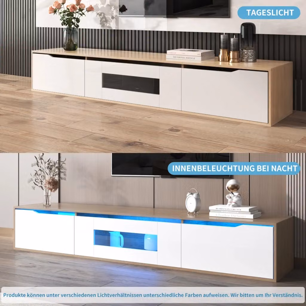 Mobile porta TV sospeso OKWISH moderno con illuminazione LED integrata, ante scanalate in finitura bianco lucido e legno, L: 180 cm, P: 35 cm, H: 30 cm