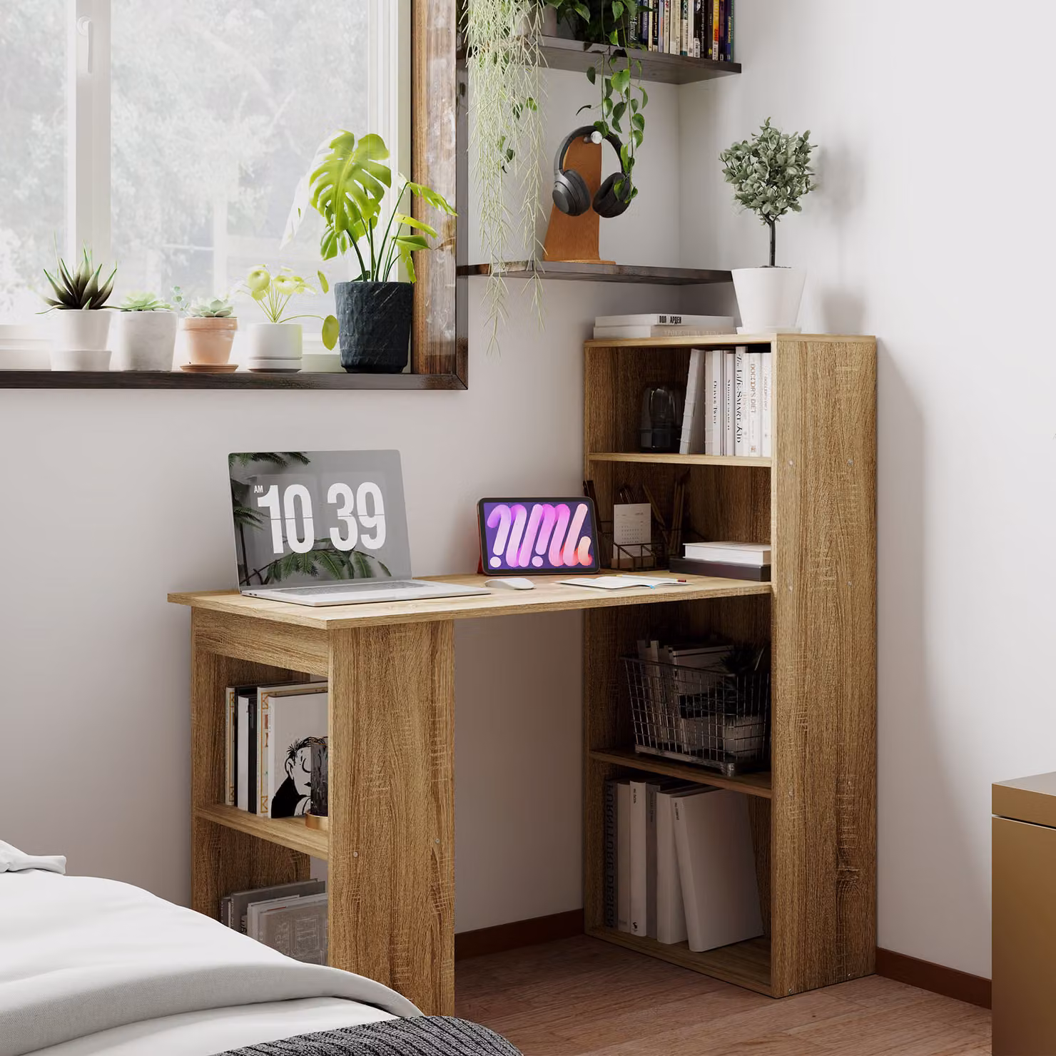 Scrivania ad angolo HOMCOM con libreria adiacente e mensola, design moderno in rovere e marrone – 2