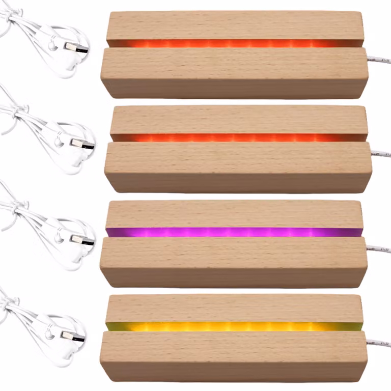 Set di 4 basi in legno con luci LED, 15 cm, multicolore, alimentazione USB