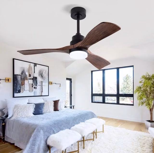 Ventilatore da soffitto con luce LED dimmabile, motore DC, telecomando e timer, colore nero e noce scuro – 1