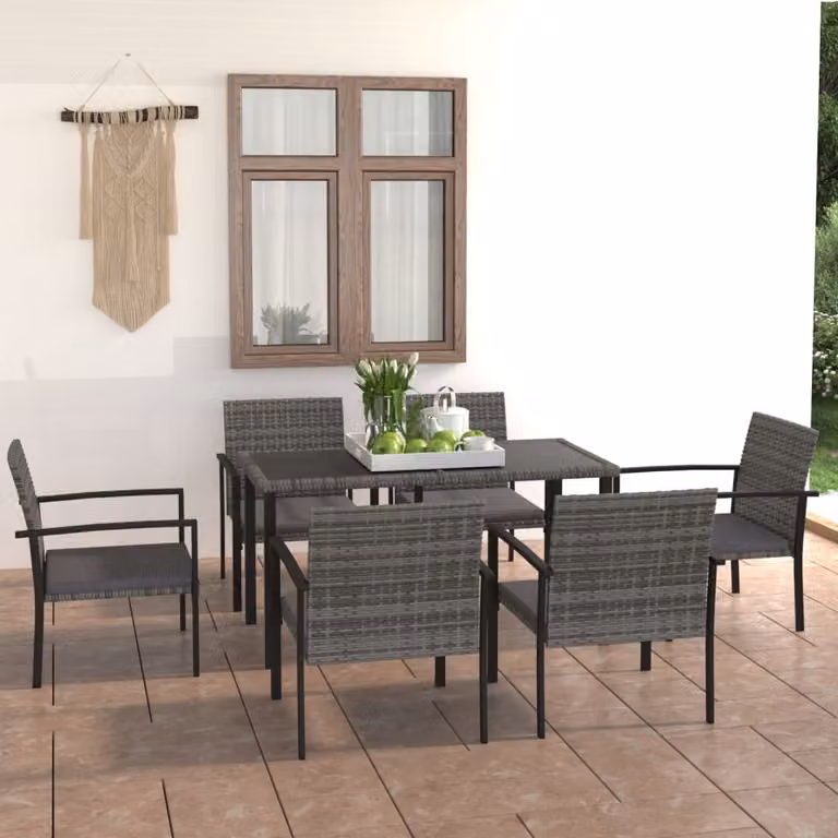 The Living Store 7 pezzi. Set da pranzo da giardino Poly Rattan Grigio