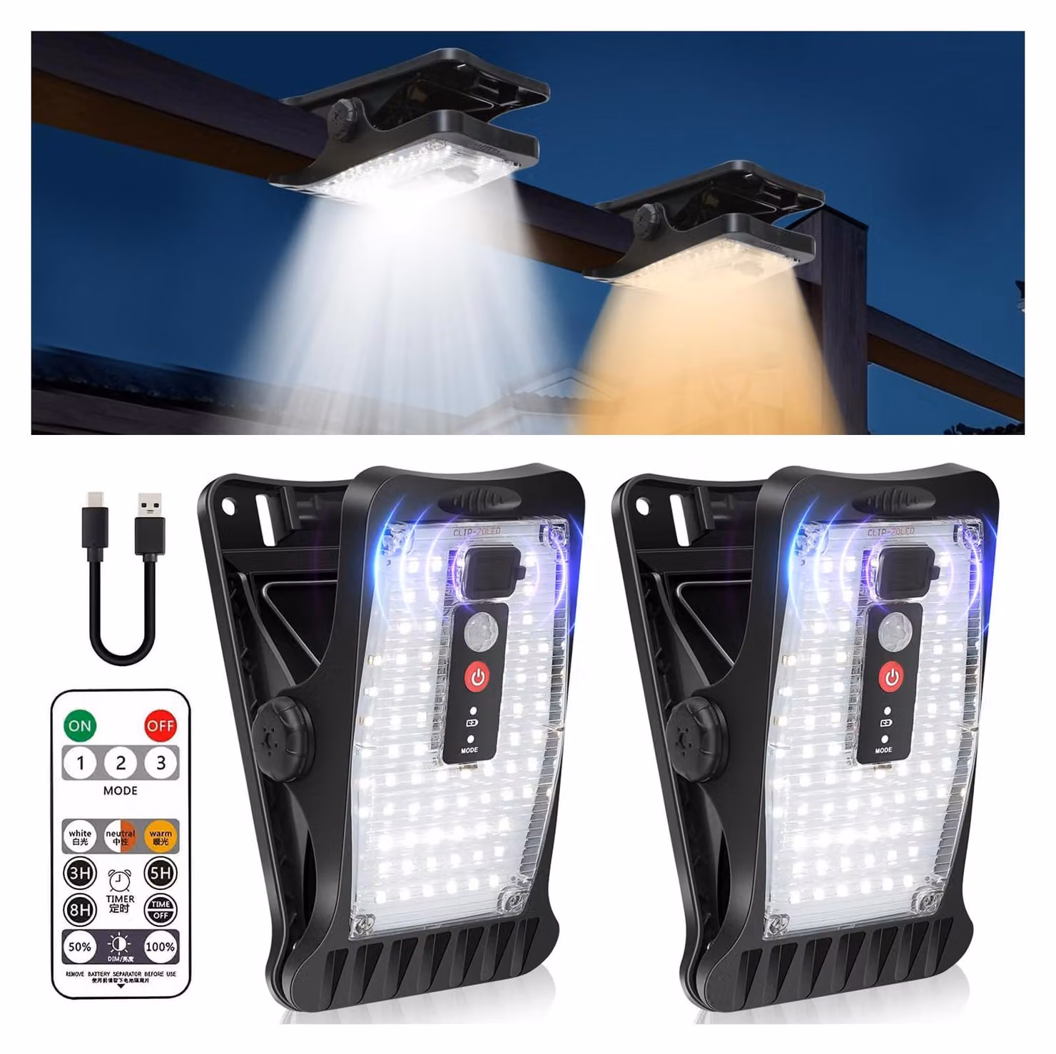 Lampade solari con clip, 70 LED, 3 colori, grado di protezione IP64, set da 2
