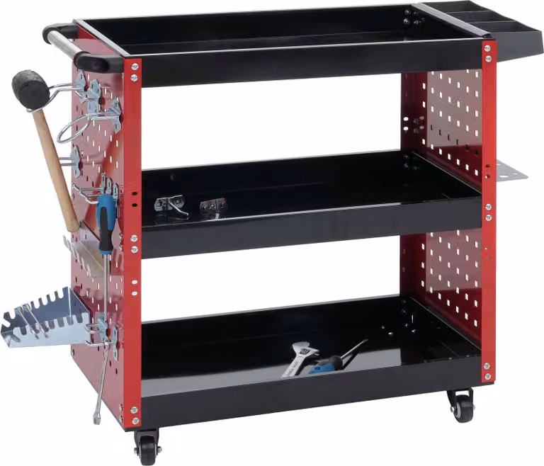 Carrello portautensili HWC-M26, carrello per officina, maniglia con rotelle 3 ripiani griglia forata, acciaio 73x90x35cm rosso
