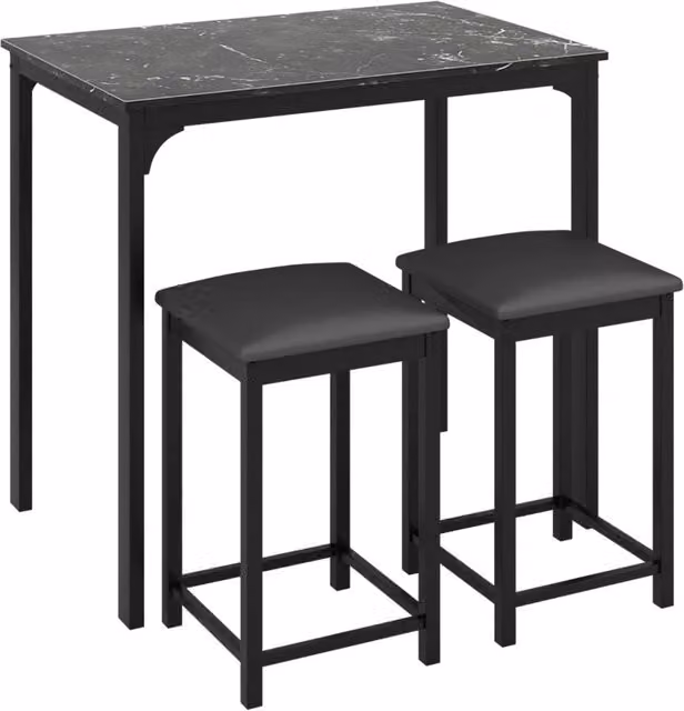 Set da bar Design Mania composto da 1 tavolo rettangolare e 2 sgabelli imbottiti con gambe in metallo, ideale per soggiorno o sala da pranzo, disponibile in nero, grigio o marrone