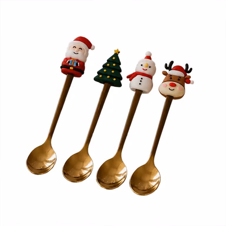 Vestiamo Casa Set 4 Cucchiaini Natalizi Oro in Acciaio Inox e PVC Lavabile in Lavastoviglie