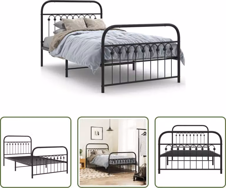 The Living Store Struttura letto con testiera e pediera in metallo nero 100x190 cm