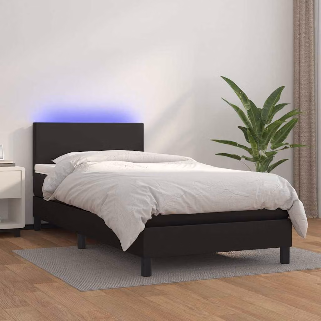 vidaXL Giroletto a Molle con Materasso Ibrido e LED Nero in Similpelle L/P: 90 x 190 cm – 1