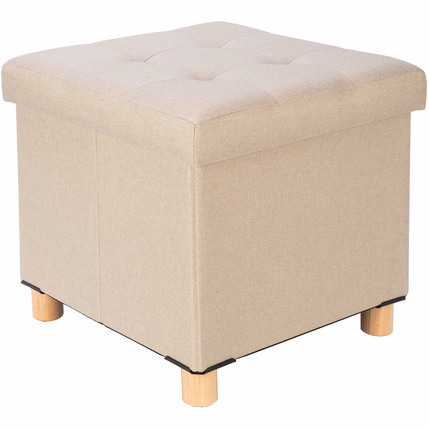 VESTIAMO CASA Pouf Contenitore Richiudibile Beige con Piedi in Legno H 34 x L 38 x P 38 cm