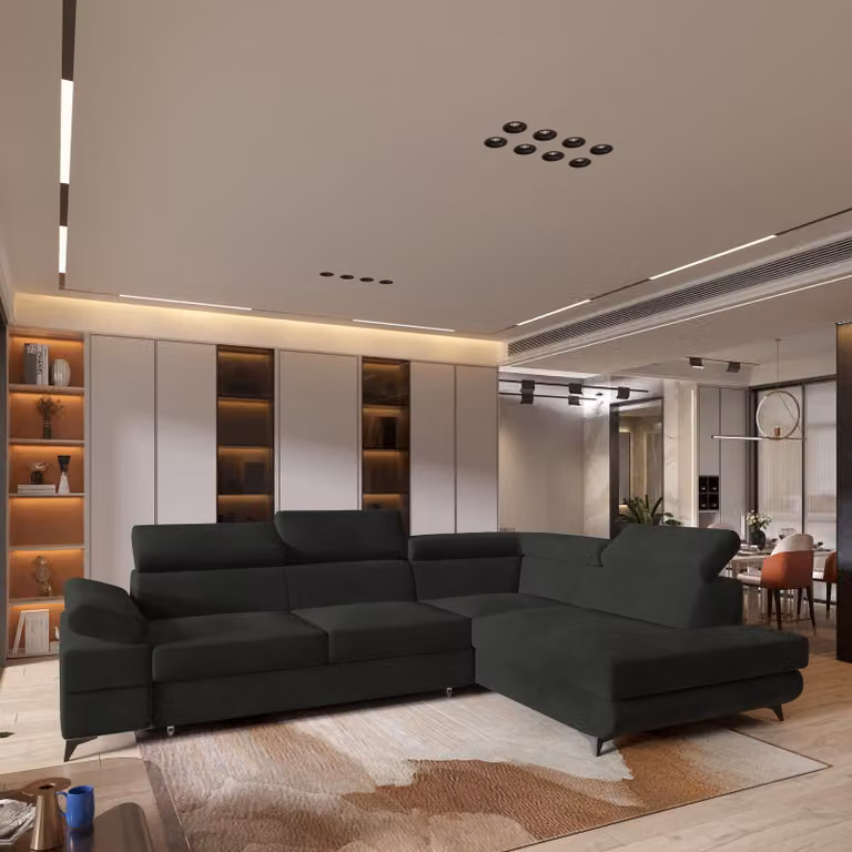 Divano angolare FAVIEN R-S di Masseno con funzione letto a L, divano con box letto, divano da soggiorno, divano, divano letto, set di divani - nero, MONOLITH 95