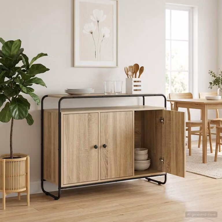 Credenza vidaXL in stile industrial color rovere Sonoma, realizzata in legno ingegnerizzato e metallo, L 102 x P 35 x H 75 cm