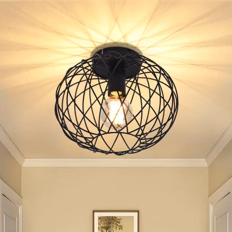 ZMH Lampada da soffitto a 1 luce per sala da pranzo, Ø 25 cm, lampada da soffitto per corridoio, attacco E27, stile industriale, struttura in metallo a gabbia, retrò, per soggiorno, cucina e camera da letto, nera