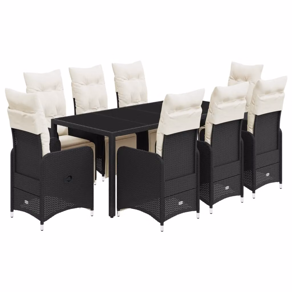 Set Bistrò da Giardino 9 pz con Cuscini in Polyrattan Nero