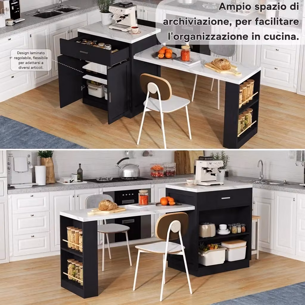 Isola cucina Vovees Living con tavolo estraibile per 4-6 persone, finitura nero e marmo bianco, in MDF, L: 211 cm, P: 55 cm – 2