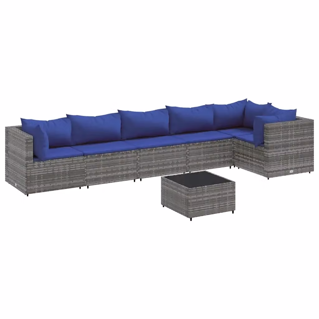 Set Divani da Giardino vidaXL 7 pz con Tavolino e Cuscini Blu e Grigio in Polyrattan e Acciaio – 2
