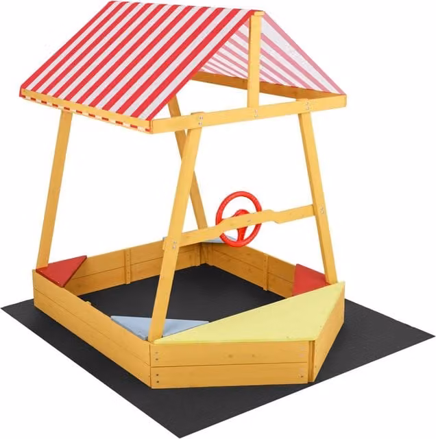 Sabbiera per bambini a forma di barca in legno massello con tetto parasole e seduta con fodera, multicolore, L: 140 cm, P: 135 cm, H: 103 cm – 1