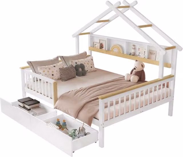 Letto a casetta per bambini con tetto, barriera di sicurezza e 2 cassetti, legno e MDF, bianco, L/P/H: 200 x 140 x 146,5 cm