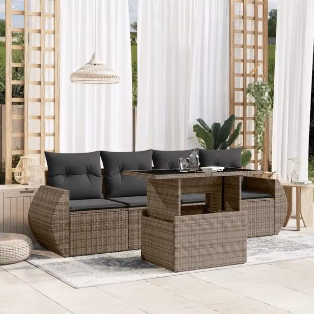 Set da giardino vidaXL composto da 5 pezzi in polyrattan grigio con cuscini e tavolino – 1