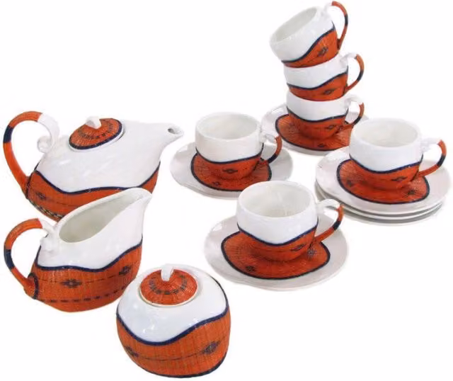 Set da tè Vacchetti in ceramica da 9 pezzi con decoro floreale bambù arancione e beige