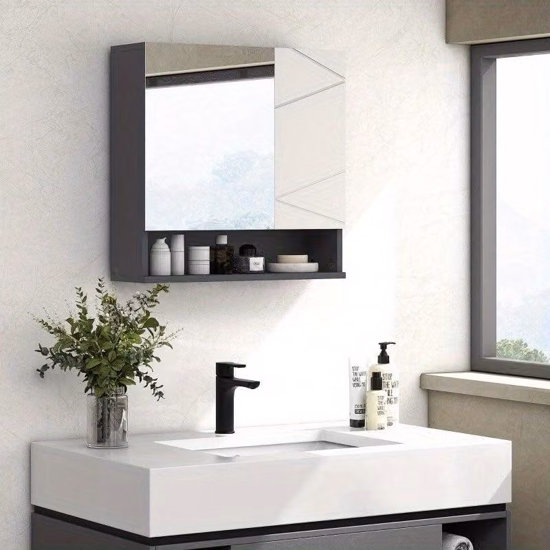 Mobiletti da bagno con specchio – Mobile a parete con ripiano e specchio antiappannamento – Grigio – 55x17x55 cm