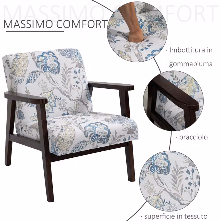 HOMCOM Sedia Per Soggiorno Poltroncina Imbottita Con Braccioli In Legno E Tessuto Traspirante, 68.5x78.5x75cm