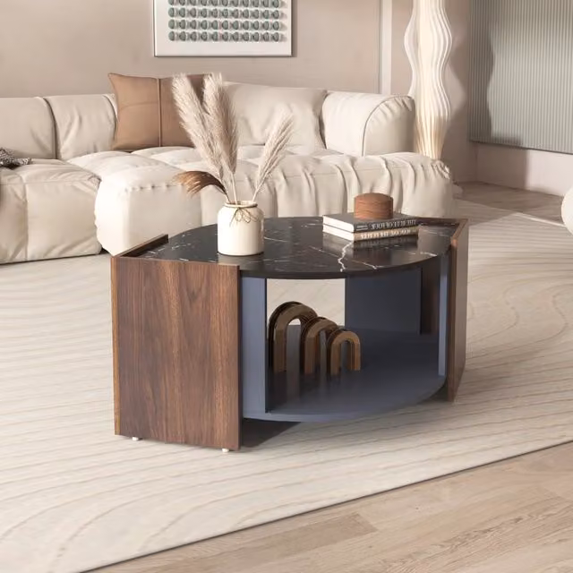 Tavolino basso moderno OKWISH con vano portaoggetti in MDF effetto marmo nero e venatura noce per soggiorno L: 96,5 cm, P: 63 cm, H: 40 cm