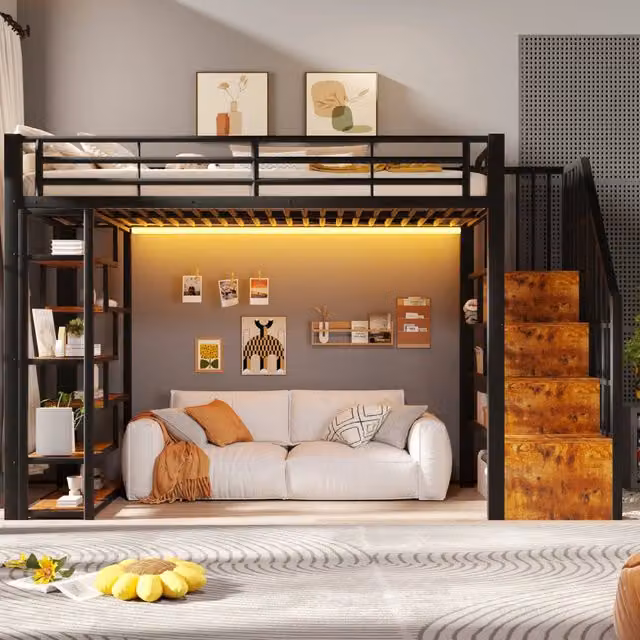 Letto a soppalco 90x200 per bambini con scala integrata; struttura in metallo e MDF; LED e vani portaoggetti; nero