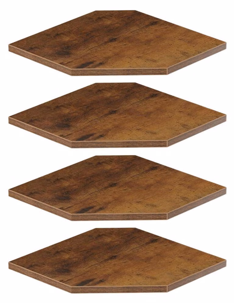 Set di 4 mensole da parete sospese, colore marrone ruggine, forma esagonale, con fori a rete metallica